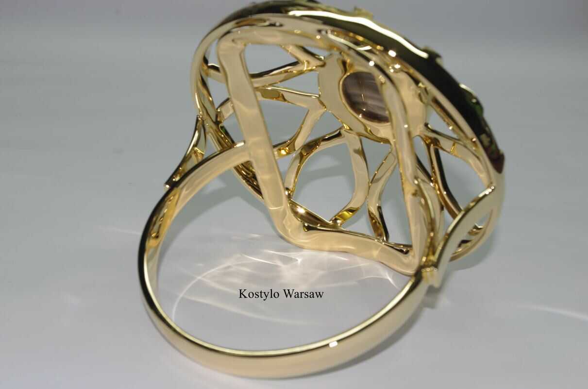 original design shiny gold sculpture modern lotus flower ring with gold eight petals and unique striped flint by Kostylo atelier