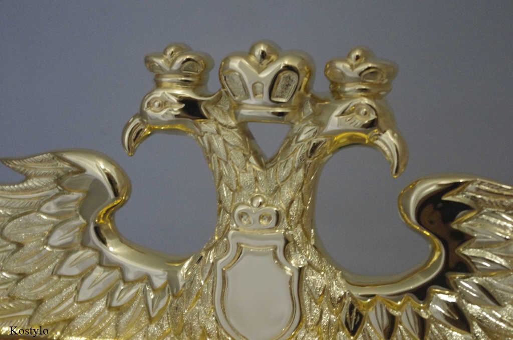 handmade_goldplated_tsarist_double_eagle_by_kostylo_goldsmith_atelier High-quality detail of intricately hand-chiseled 23-karat gold-plated imperial tsarist eagle, designed and crafted in the Kostylo atelier