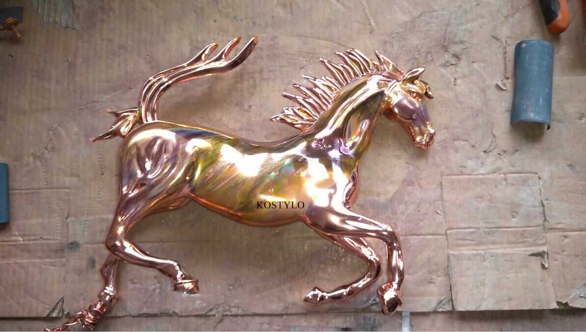 the Ferrari horse figure after hand grinding is then copper-plated to cover any micro-holes. This sculpture will then be silver-plated at the Kostylo atelier