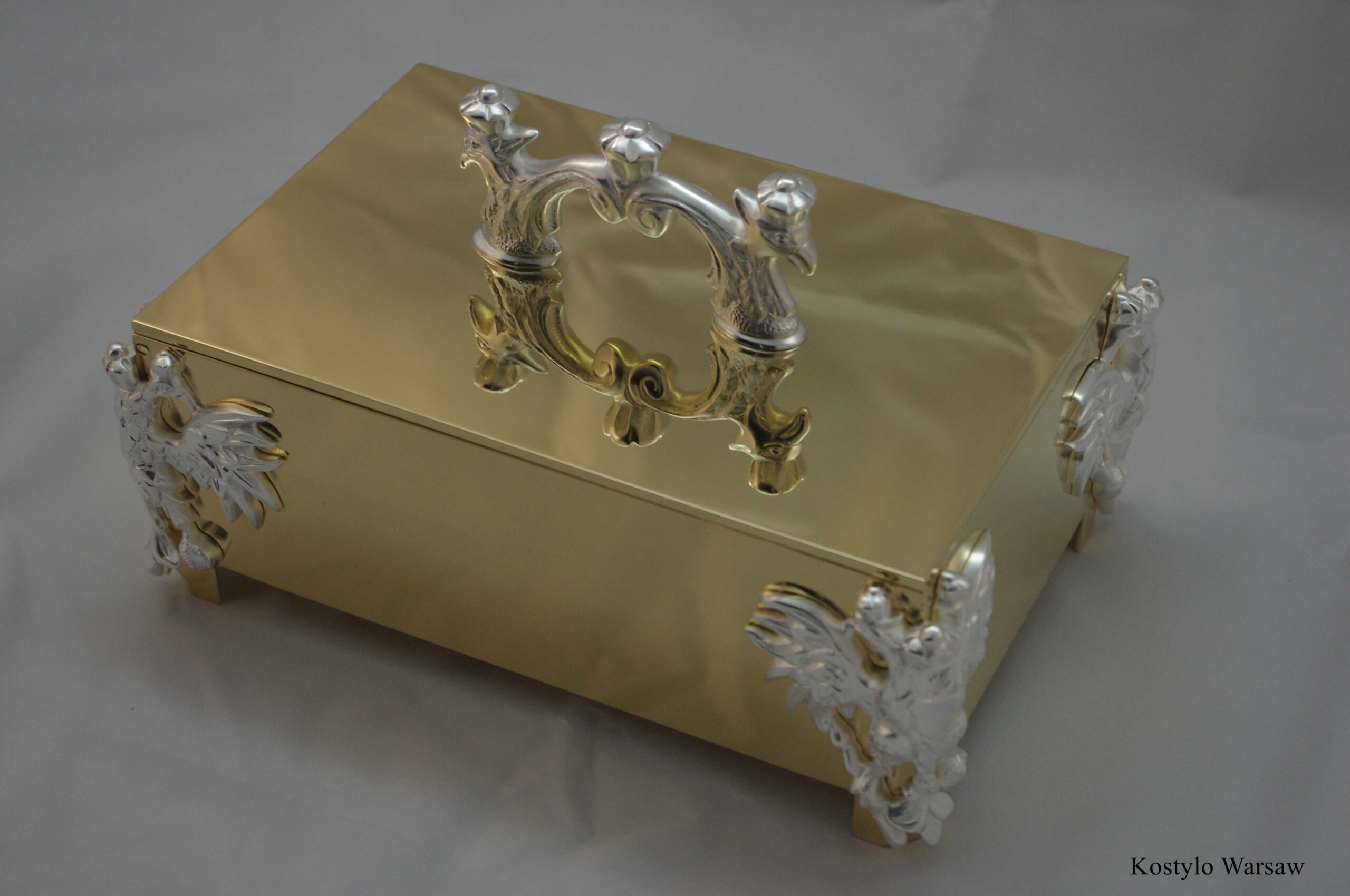 tsarist luxurious box was gilded with 23-carat gold and figurines intricately finished with a matte finish silver-plated by kostylo atelier