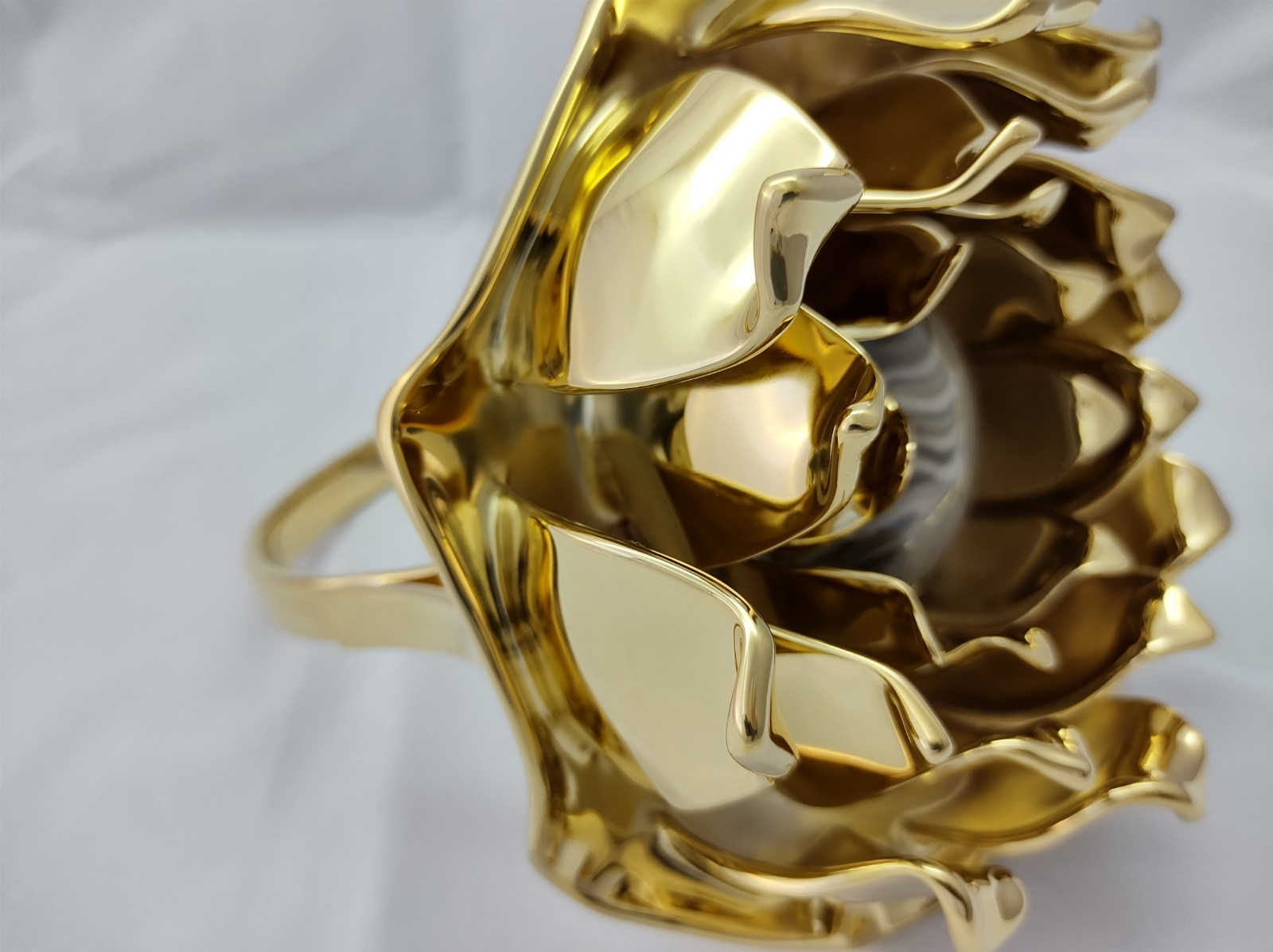 Luxurious 23-karat gold-plated sculpture of a lotus flower ring, handcrafted using 19th-century goldsmith techniques by the Kostylo atelier