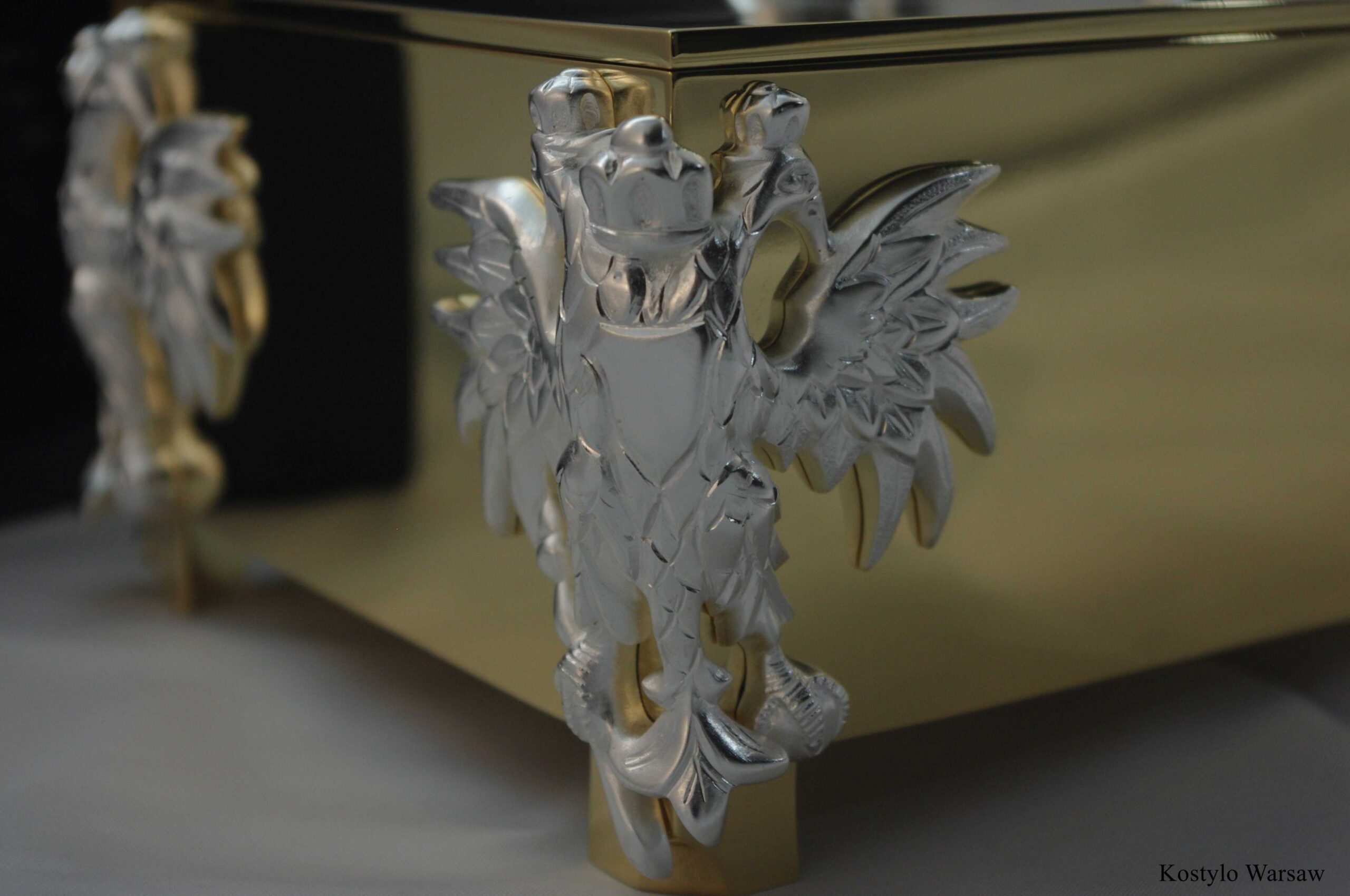 hand-crafted matte-finished and silver-plated figurine of tsar's eagles for golden tsarist luxury box by Kostylo atelier