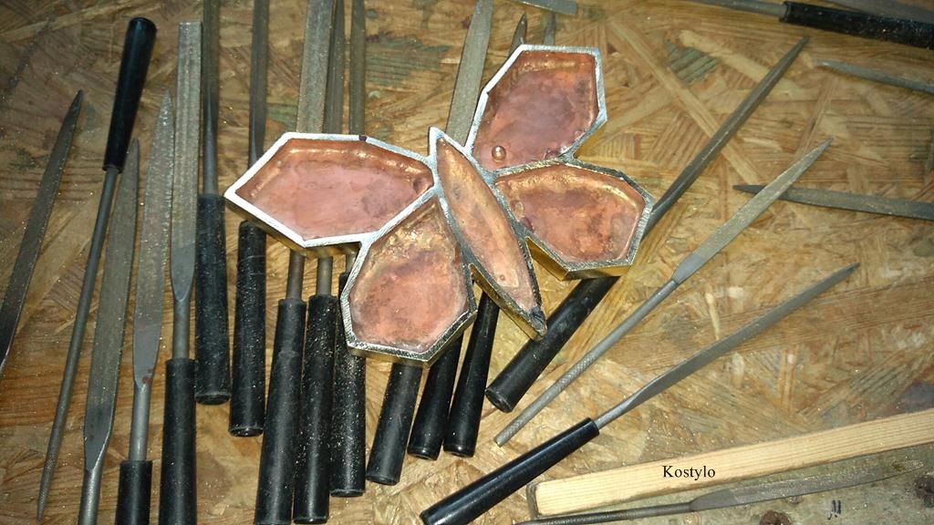 European Design Trouser Buckle with Hand-Grinded Butterfly Hand-filed butterfly bas-relief for a luxury clasp belt for a dress or trousers by Kostylo atelier