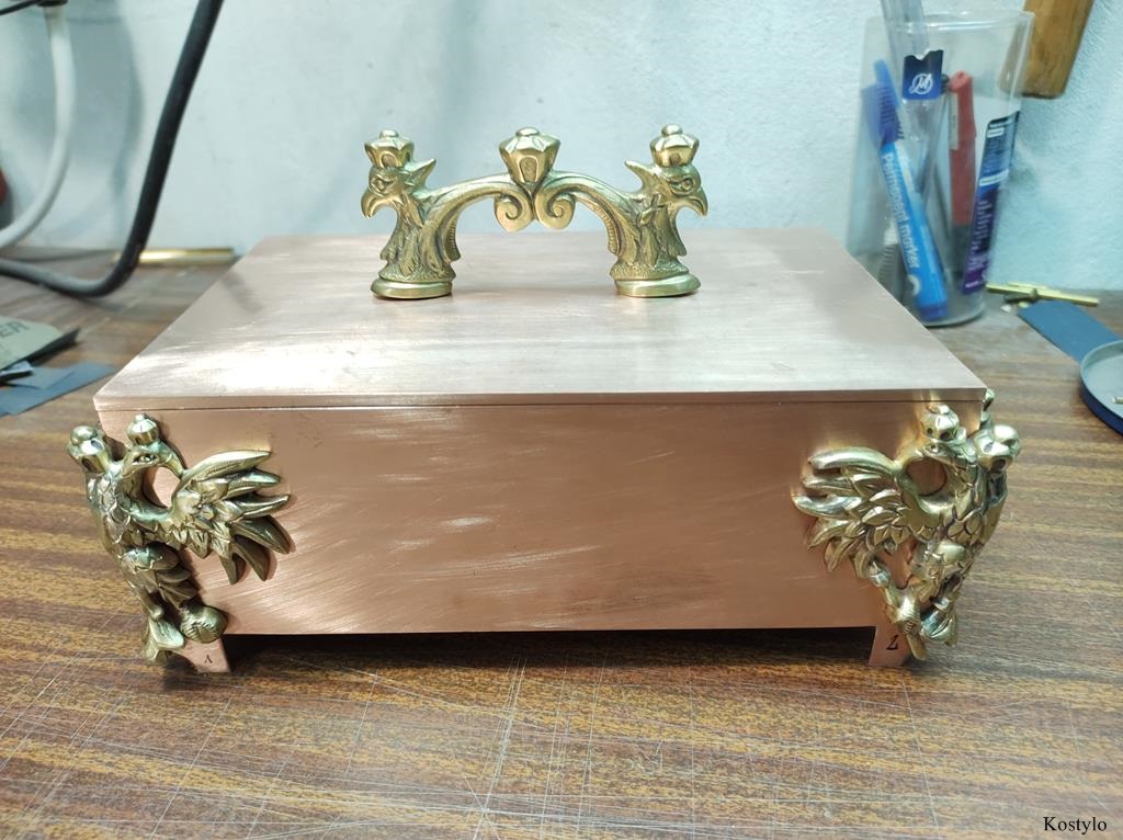 figurative jewelry box with tsarist eagle figurines, copper-plated, being prepared for further polishing and gilding by Kostylo atelier